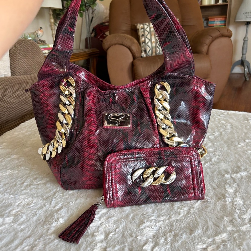 Y2K Serena Williams Tote Bag Red Black Snakeskin Chain Purse & Wallet Set